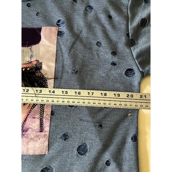 LOVE J Blue Blouse Top T-shirt w Holes Distressed Heels Shoes Pop Art Trendy S - Picture 6 of 13